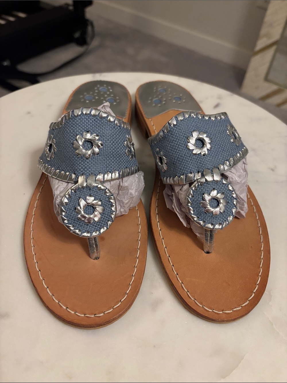 Jack Rogers Navajo Sandal Size 9 Blue Canvas with Silver Contrast Stitching